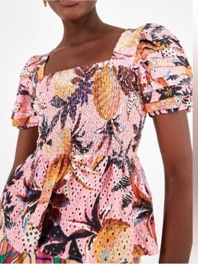 FARM RIO Pink Pineapple Smocked Top
